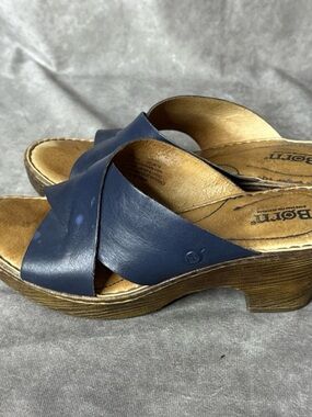 Born Navy Cony Leather Crossover Slide Mules